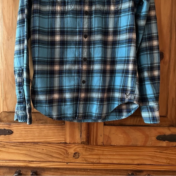 American Eagle Plaid Button Down Shirt Turquoise Blue Black 100% Cotton - XS - Picture 7 of 10